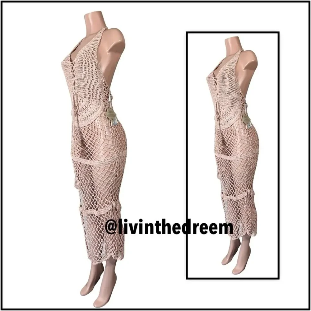 Frankies Mauve Crochet Bikinis Sunrise Cover Up Dress SZ L $250
